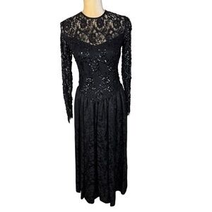Jessica McClintock Silk Dress Size 8 Black Vintage Sequin Lace Bodice Whimsigoth